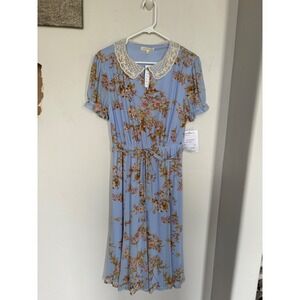 Joie de Vivre Blue Floral Lace Collar Midi Dress Cottagecore 2020M14ASF08V Mediu